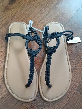 torrid Black Braided T-Strap Sandals with Tan Footbed